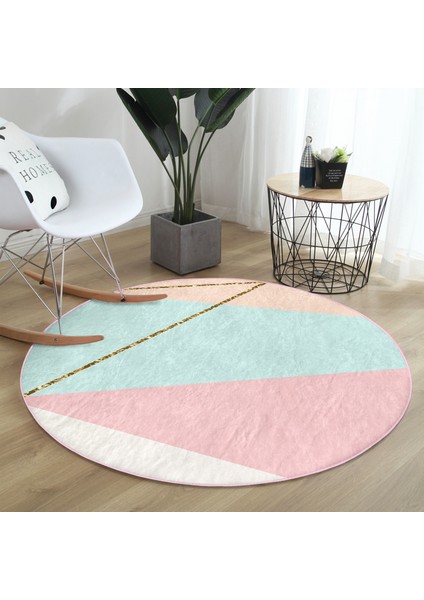 Real Homes Pastel Zeminli Üzerinde Gold Renkli Modern Çizgili Dijital Baskılı Yatak Odası Kaymaz Tabanlı Yuvarlak Halı
