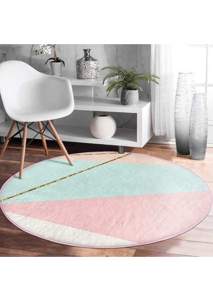 Real Homes Pastel Zeminli Üzerinde Gold Renkli Modern Çizgili Dijital Baskılı Yatak Odası Kaymaz Tabanlı Yuvarlak Halı fiyatları