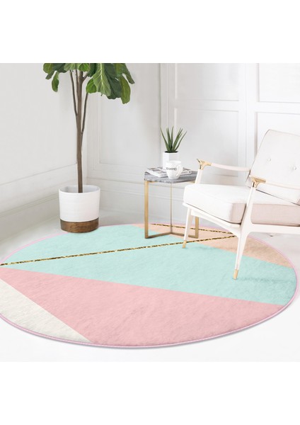 Real Homes Pastel Zeminli Üzerinde Gold Renkli Modern Çizgili Dijital Baskılı Yatak Odası Kaymaz Tabanlı Yuvarlak Halı modelleri