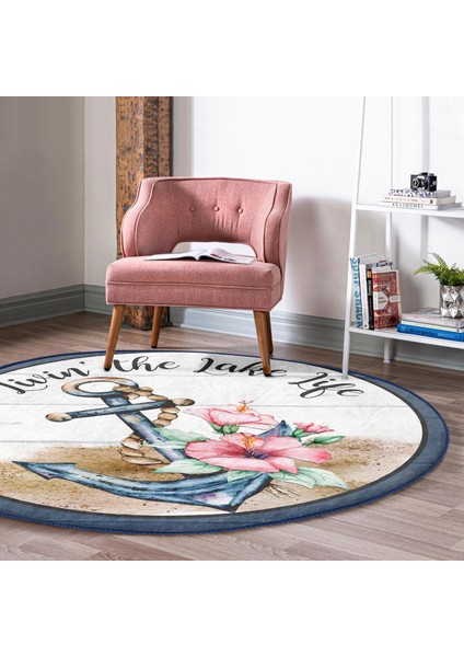 Real Homes Realhomes Dijital Baskılı Çapa Motifli Özel Tasarım Lacivert Outdoor Yıkanabilir Kaymaz Tabanlı Yuvarlak Kadife Halı fiyatları