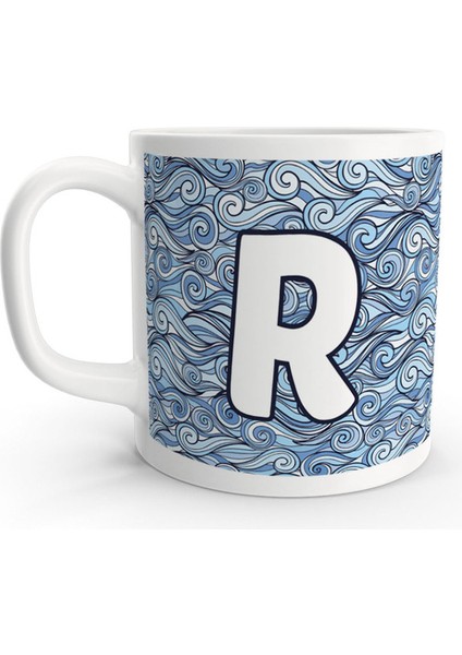 R Harfi Deniz Dalga Desenli Denizci Tasarım Harfli Kupa Bardak