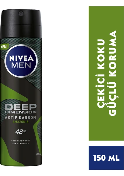 NIVEA Men Erkek Sprey Deodorant Deep Dimension Amazonia 48 Saat Anti-perspirant Koruma 150ml, Çekici Koku