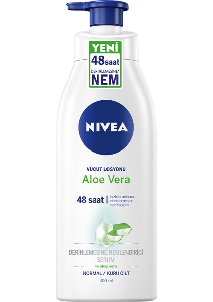 NIVEA Aloe Vera Vücut Losyonu 400ml, Normal / Kuru Ciltler için, Derinlemesine Nemlendirici Serum ve Aloe vera ile 48 Saat Vücut Nemlendirme