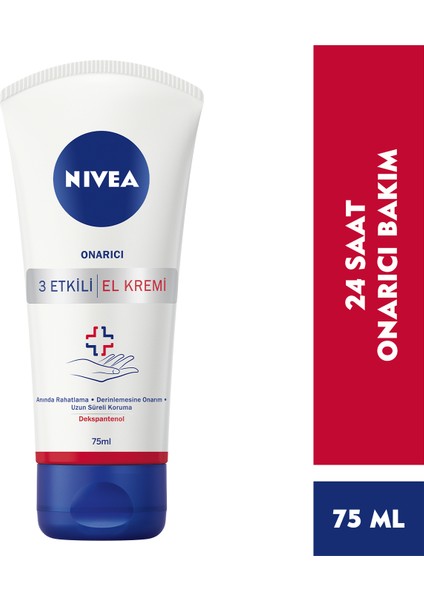 NIVEA 3 Etkili Onarıcı El Kremi (75ml), Çok Kuru Eller için Yoğun El Kremi, 24 Saat Onarıcı Bakım