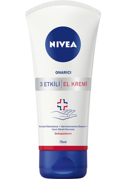 NIVEA 3 Etkili Onarıcı El Kremi (75ml), Çok Kuru Eller için Yoğun El Kremi, 24 Saat Onarıcı Bakım