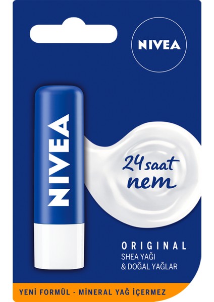 NIVEA Original Care Dudak Bakım Kremi (4,8gr), 24 Saat Nem, Shea Yağı ve Doğal Yağlar, Gün Boyu Dudak Bakımı