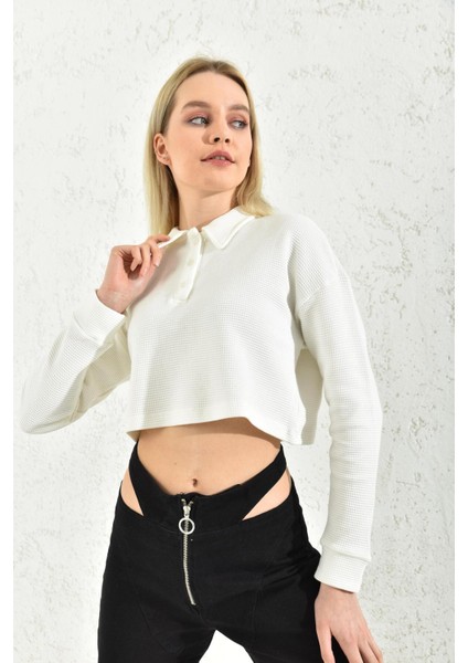 Ekru Polo Yaka Crop Bluz modelleri