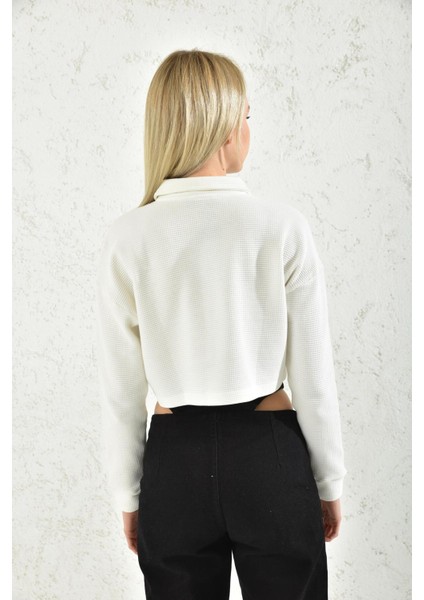 Ekru Polo Yaka Crop Bluz indirimleri