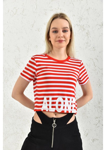 Kırmızı Bisiklet Yaka Alone Baskılı Crop Bluz