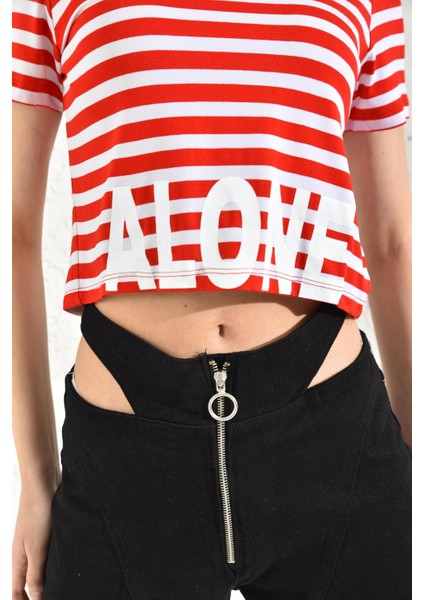 Kırmızı Bisiklet Yaka Alone Baskılı Crop Bluz modelleri
