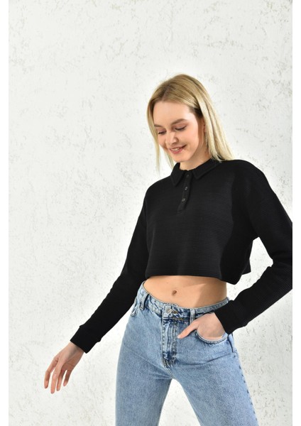 Siyah Polo Yaka Crop Bluz indirimleri
