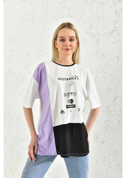 Beyaz Bloklu Baskı Detaylı Kısa Kol T-Shirt