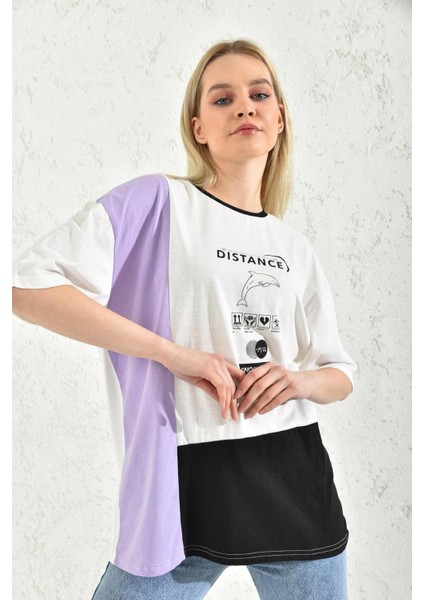 Beyaz Bloklu Baskı Detaylı Kısa Kol T-Shirt modelleri