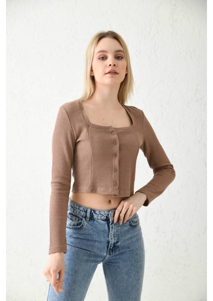 Vizon Düğme Detaylı Örme Crop Bluz