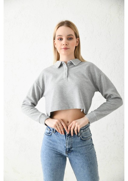 Gri Polo Yaka Crop Bluz