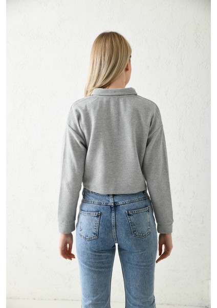 Gri Polo Yaka Crop Bluz