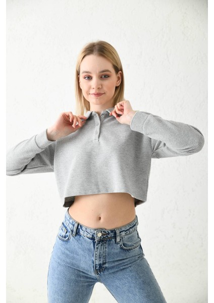 Gri Polo Yaka Crop Bluz