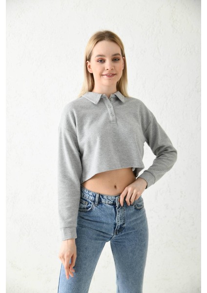 Gri Polo Yaka Crop Bluz