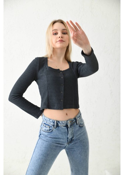Antrasit Düğme Detaylı Örme Crop Bluz modelleri