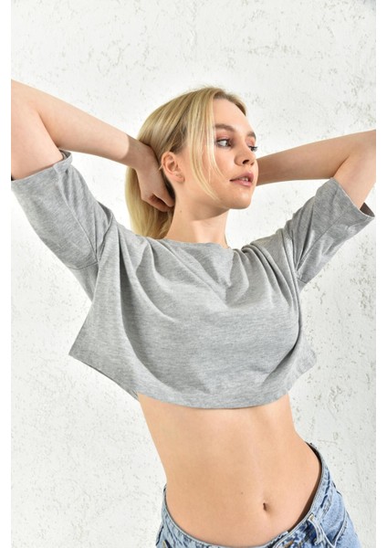Gri Bisiklet Yaka Crop Bluz