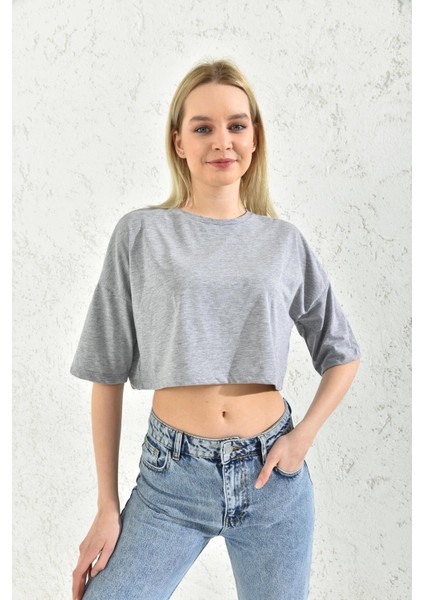 Gri Bisiklet Yaka Crop Bluz