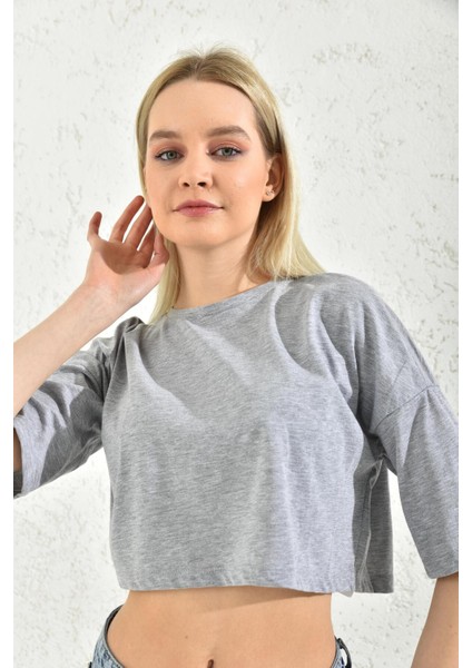 Gri Bisiklet Yaka Crop Bluz