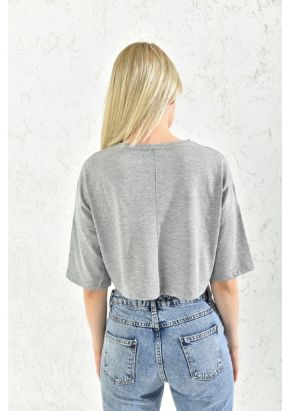 Gri Bisiklet Yaka Crop Bluz