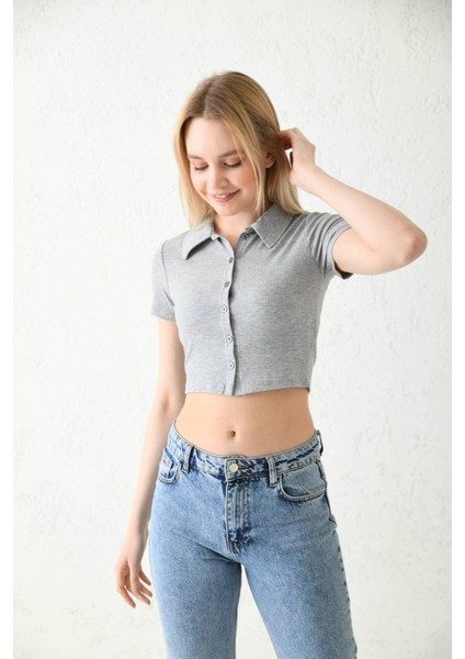 Gri Polo Yaka Fitilli Örme Crop Bluz modelleri