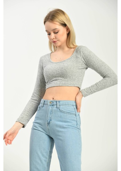 Gri U Yaka Uzun Kol Spor Bluz fiyatları