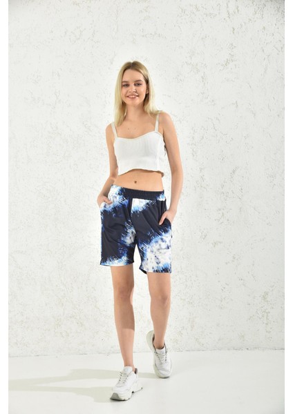 Lacivert Batik Desenli Beli Lastikli Şort