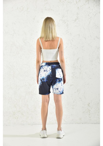 Lacivert Batik Desenli Beli Lastikli Şort