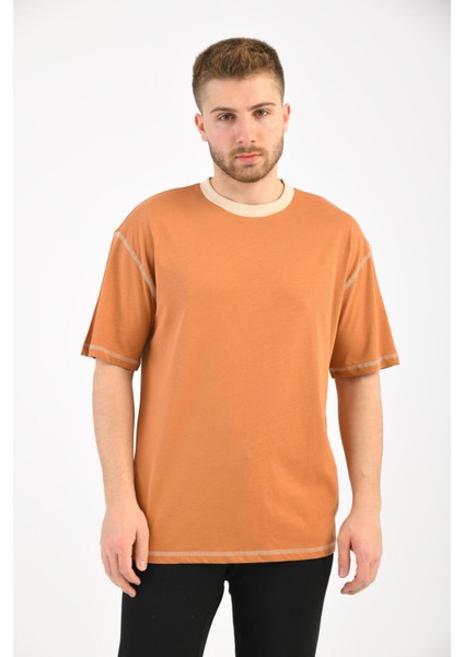 Kiremit Kısa Kollu Renkli Yaka T-Shirt