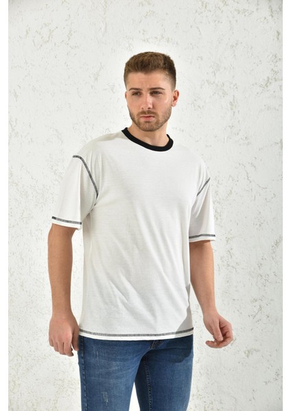 Beyaz Kısa Kollu Renkli Yaka T-Shirt modelleri