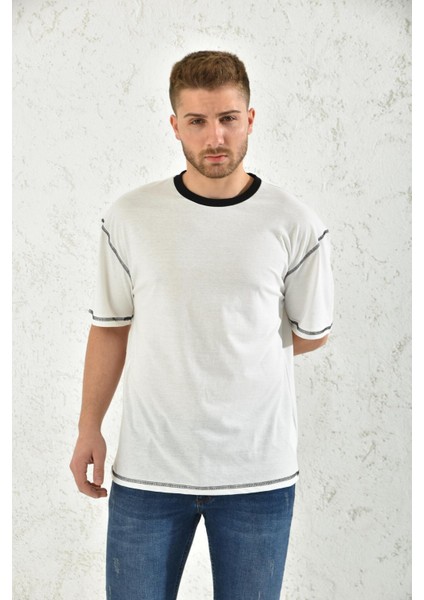 Beyaz Kısa Kollu Renkli Yaka T-Shirt indirimleri