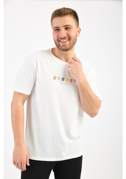 Beyaz Önü Nakışlı Bisiklet Yaka T-Shirt indirimleri