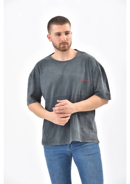 Antrasit Bisiklet Yaka Nakış Detaylı T-Shirt