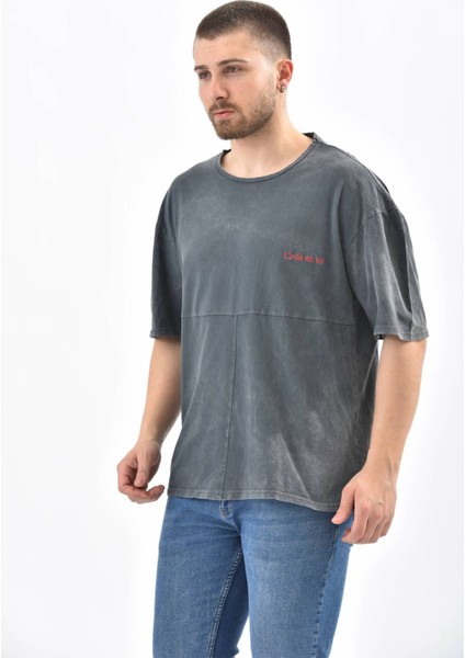 Antrasit Bisiklet Yaka Nakış Detaylı T-Shirt fiyatları