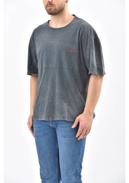 Antrasit Bisiklet Yaka Nakış Detaylı T-Shirt indirimleri