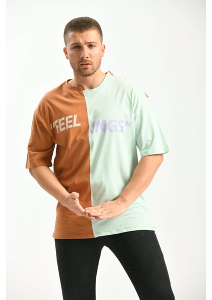 Kahverengi Oversize Baskılı Renk Bloklu Tshirt