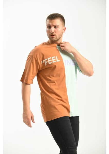 Kahverengi Oversize Baskılı Renk Bloklu Tshirt