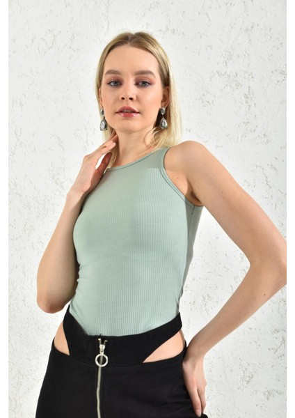 Su Yeşili Halter Yaka Çıtçıtlı Body