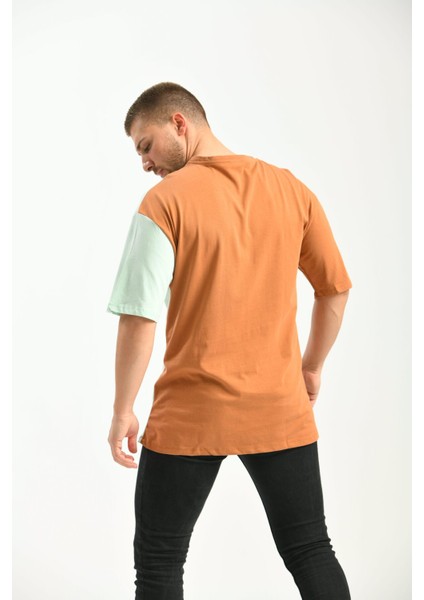 Kahverengi Oversize Baskılı Renk Bloklu Tshirt