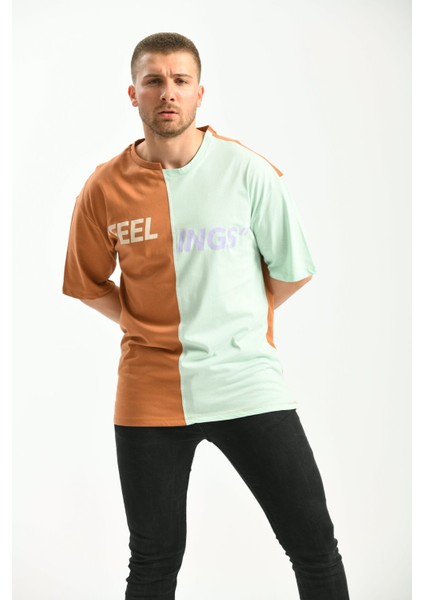 Kahverengi Oversize Baskılı Renk Bloklu Tshirt