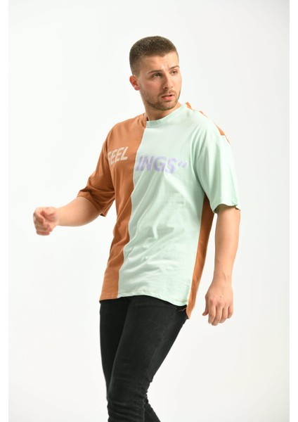Kahverengi Oversize Baskılı Renk Bloklu Tshirt