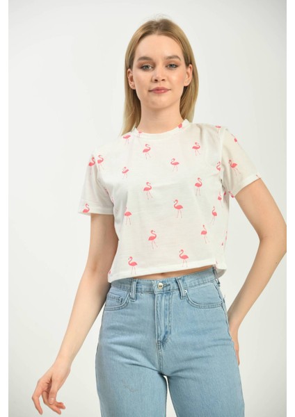 Beyaz Baskılı Crop Örme T-Shirt