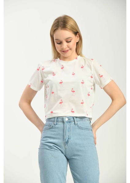 Beyaz Baskılı Crop Örme T-Shirt