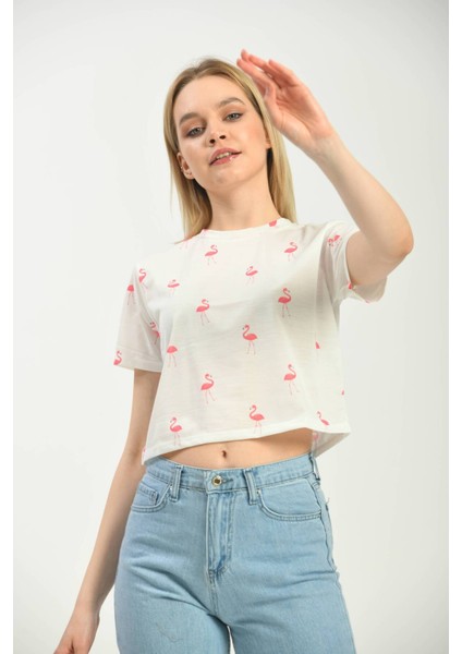 Beyaz Baskılı Crop Örme T-Shirt