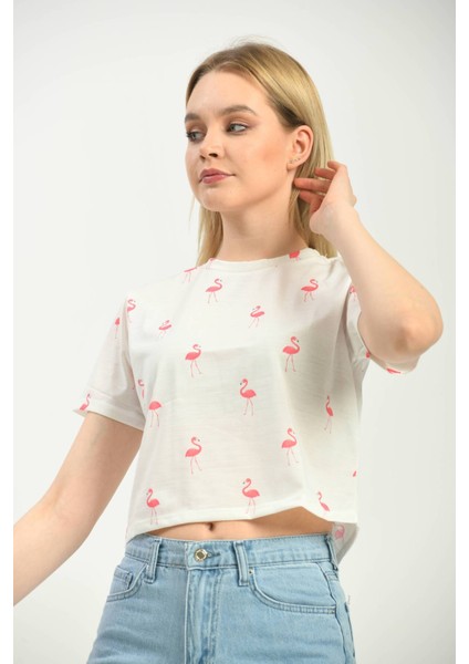 Beyaz Baskılı Crop Örme T-Shirt