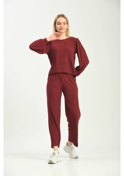 Bordo Örme Havlu Kumaş Pijama Takımı