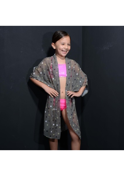 Paredora Haki Puantiyeli Anne Kız Kimono Pareo modelleri